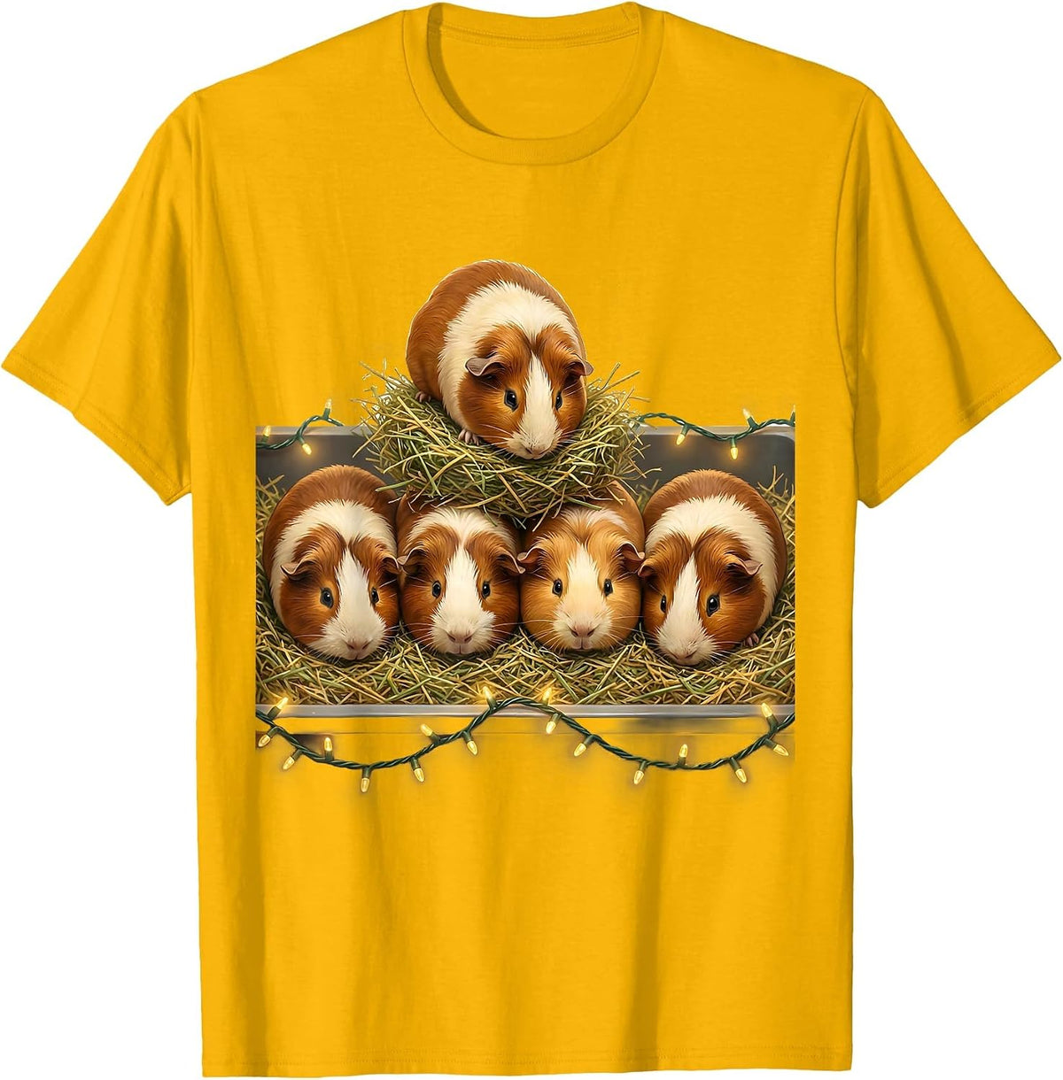 Men's Guinea Pig Christmas Lights Pet Lover Holiday Humor T-Shirt - Golden Yellow