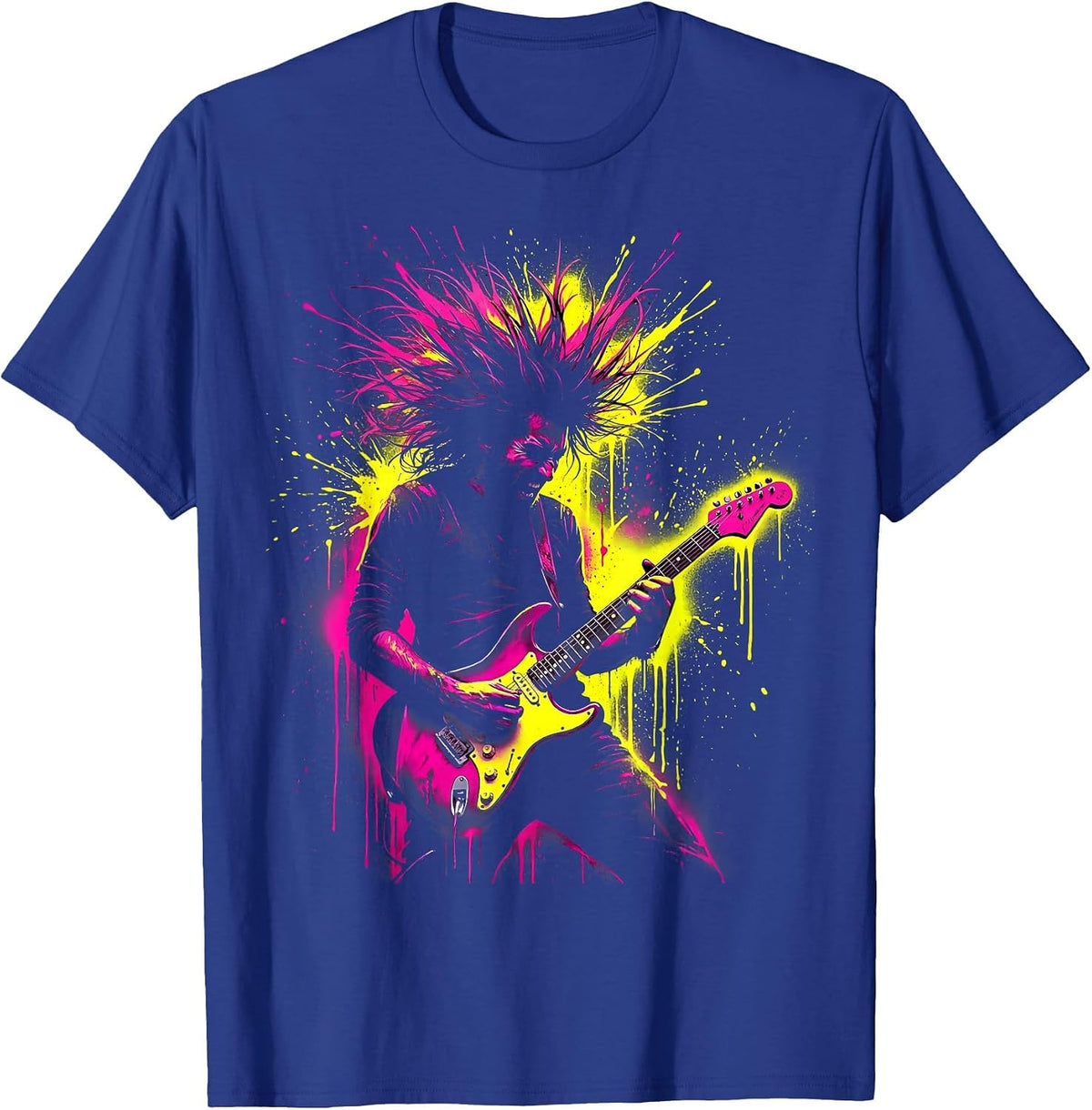 Headbanging Guitarist Wild Hair Rock Band Tee T-Shirt - Royal Blue