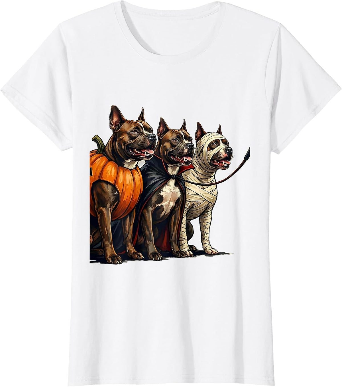 Women's Pit Bull Terrier Squad Pumpkin Vampire Mummy Halloween Dog T-Shirt - White