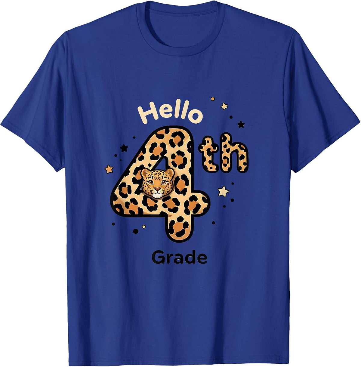 Men's Hello 4th Grade Cute Kawaii Leopard Teacher Student Back T-Shirt - Royal Blue