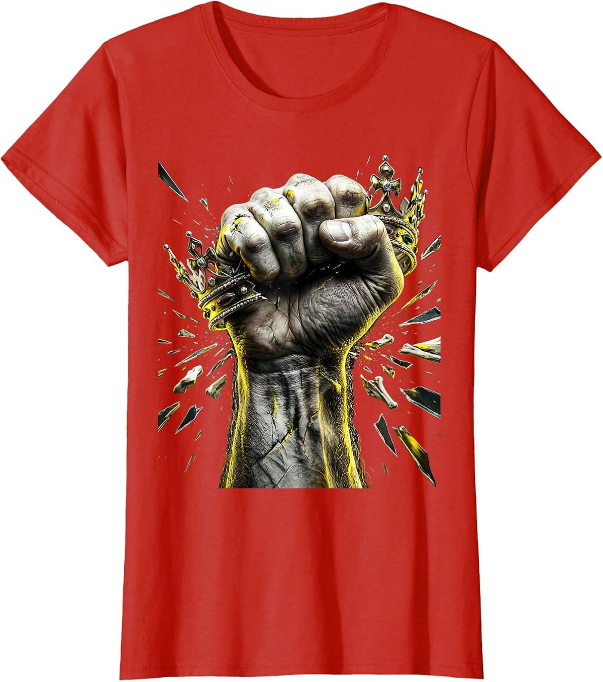 Worker's Fist Crushing Crown Labor Power Art T-Shirt - Red