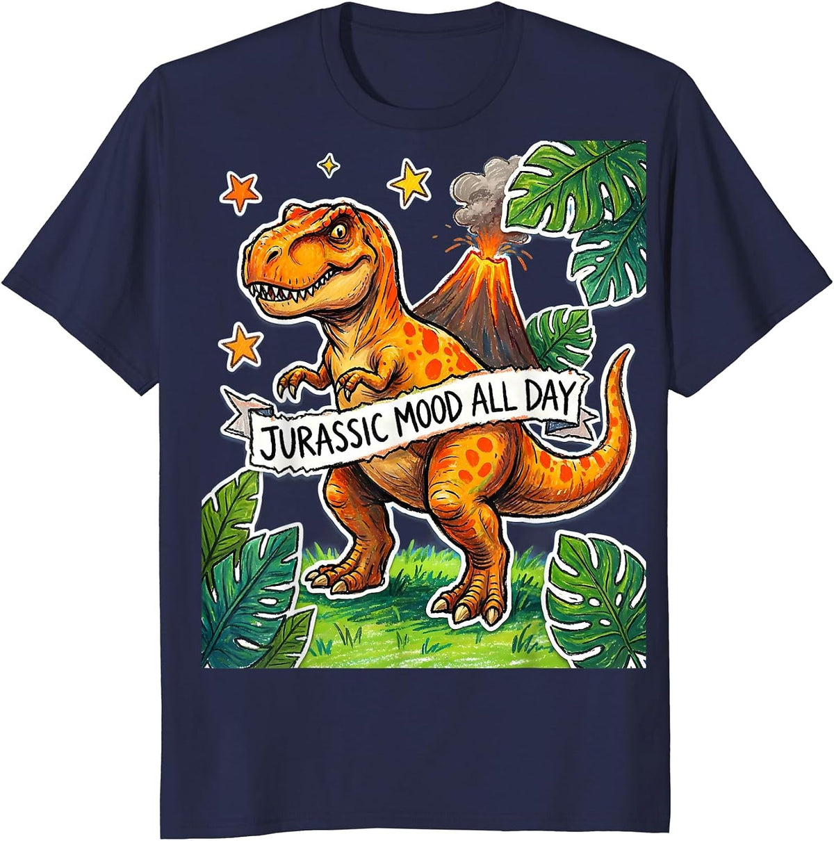 Jurassic Mood All Day Dinosaur Design T-Shirt - Navy Blue
