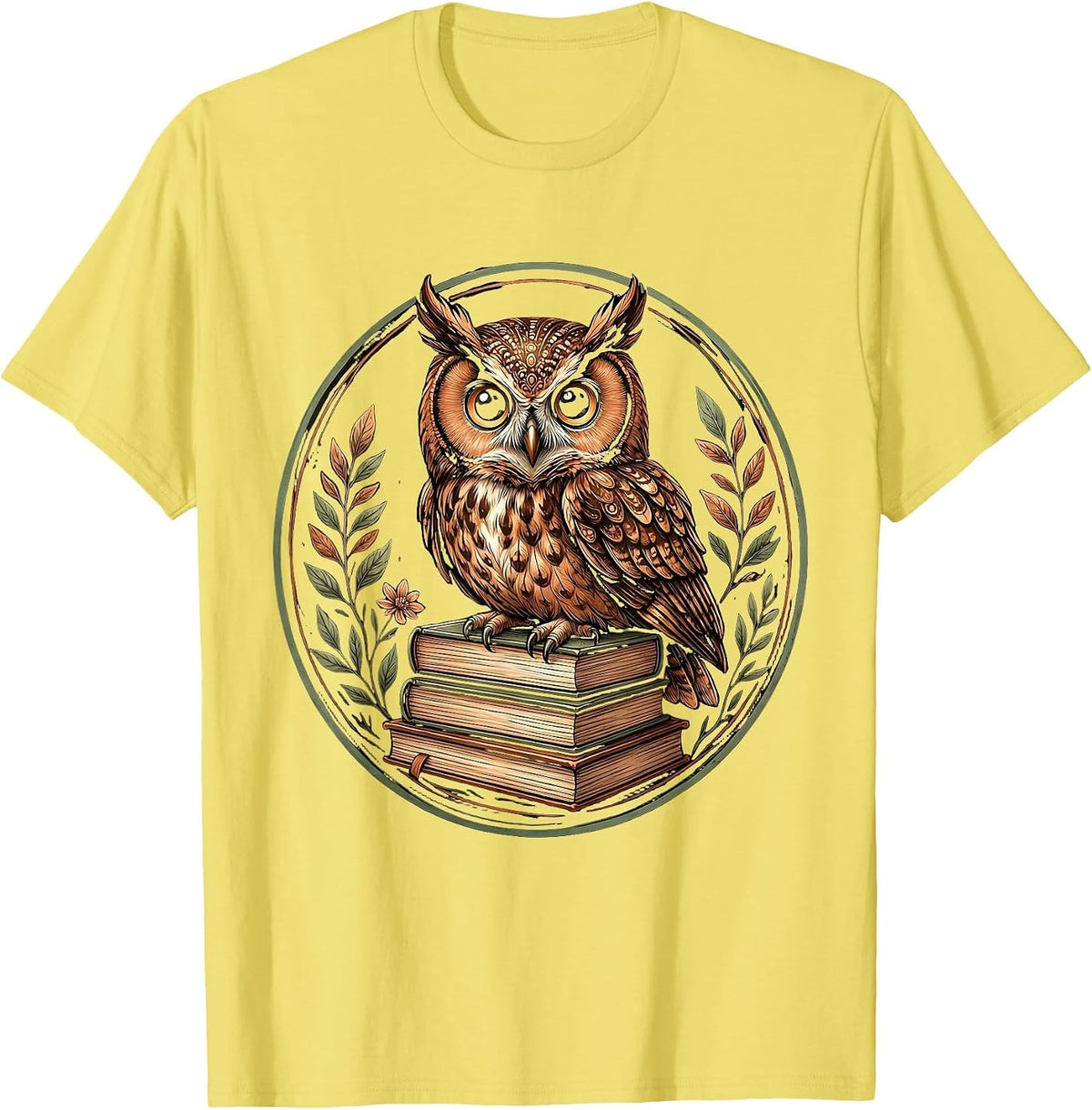Men's 4th Grade Teacher Owl on Textbooks Illustration T-Shirt - Lemon Yellow