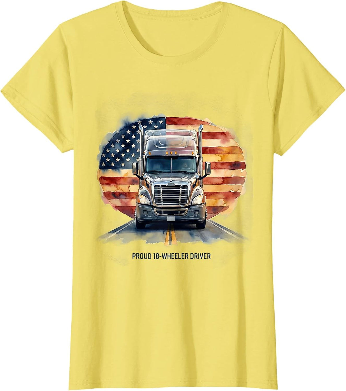 Women's Proud 18-Wheeler Driver Patriotic American Flag Semi Truck T-Shirt - Lemon Yellow