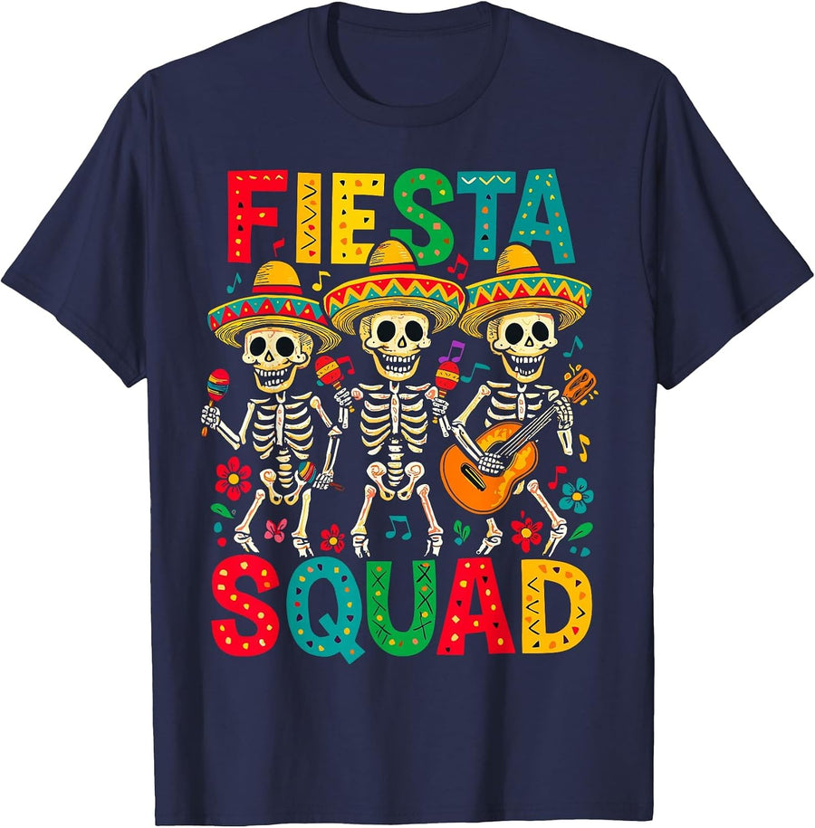 Fiesta Squad Mexican Skeleton Cinco de Mayo Fiesta T-Shirt - Navy Blue