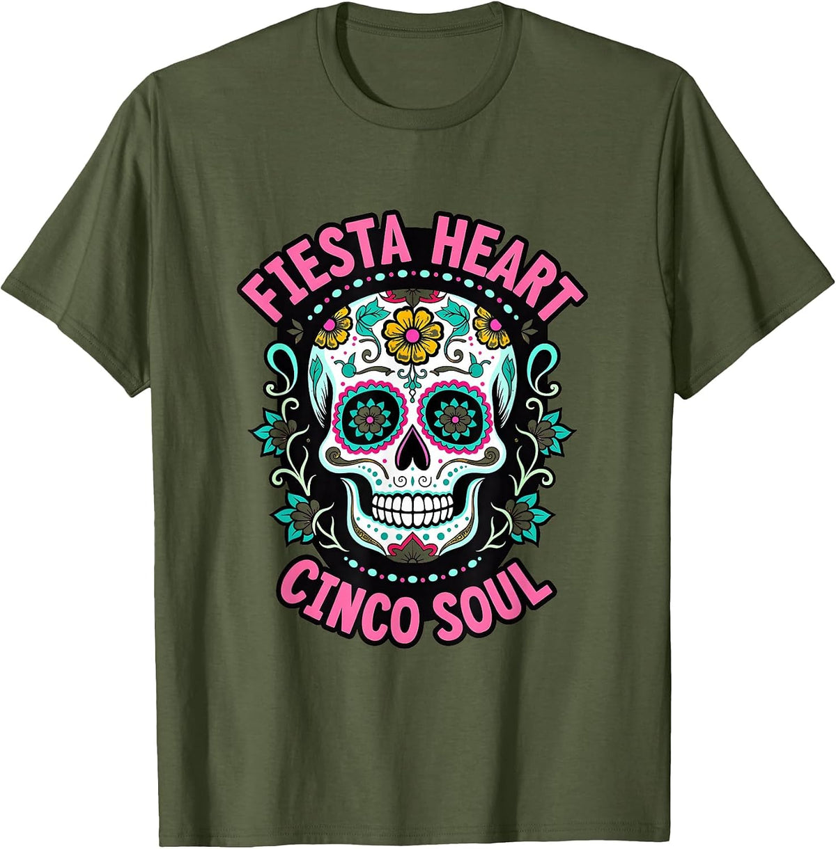 Fiesta Heart Cinco Soul Celebration Design T-Shirt - Olive Green