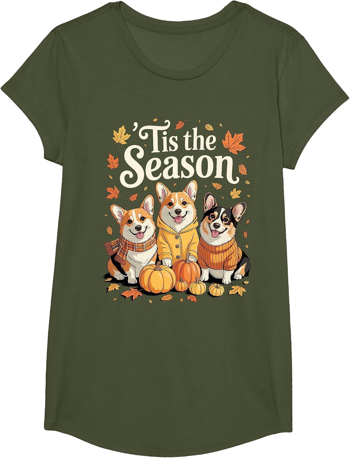 Tis The Season Corgi Fall Autumn Pumpkin Dog T-Shirt - Girls Olive Green