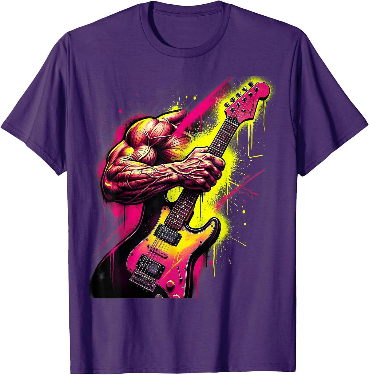 Men's 80s Rock Guitar Grip Illustration T-Shirt - Purple
