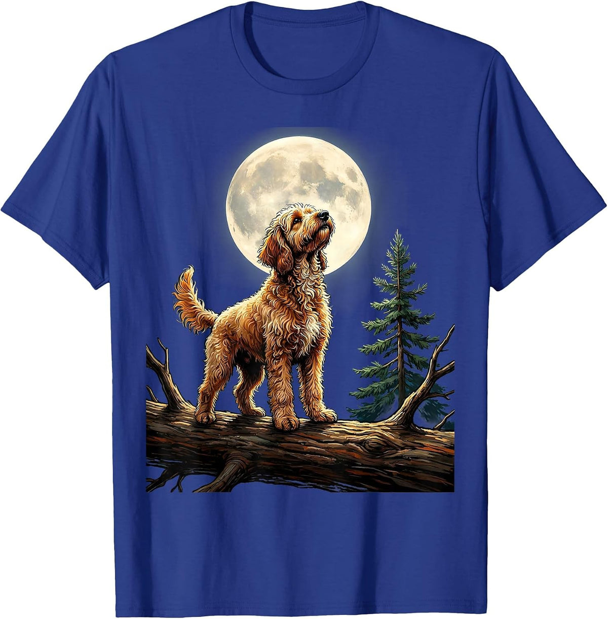 Goldendoodle Howling to The Moon Retro 90s Dog Meme T-Shirt - Royal Blue