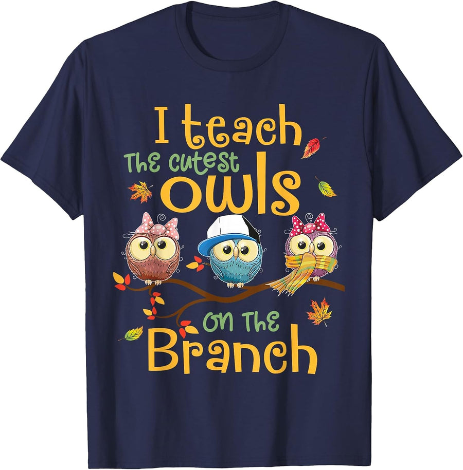 I Teach The Cutest Owls On The Branch Teacher Fall Autumn T-Shirt - Navy Blue
