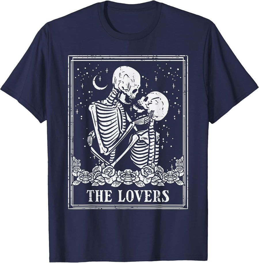 Halloween Skeleton Tarot The Lovers Couple Costume Men Women T-Shirt - Navy Blue