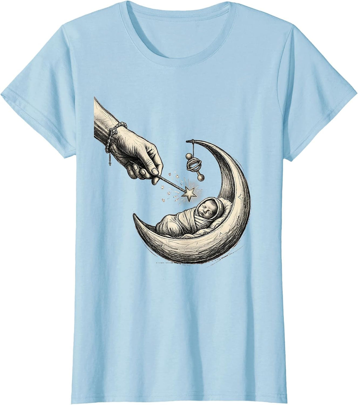Women's Fairy Godmother New Baby Gift Hand-Sketched Magic Wand Humor T-Shirt - Baby Blue