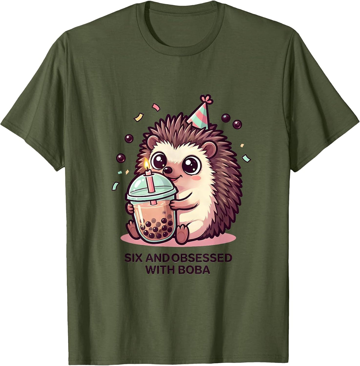 Six And Obsessed With Boba Kawaii Chibi Hedgehog Boba Tea T-Shirt - Olive Green