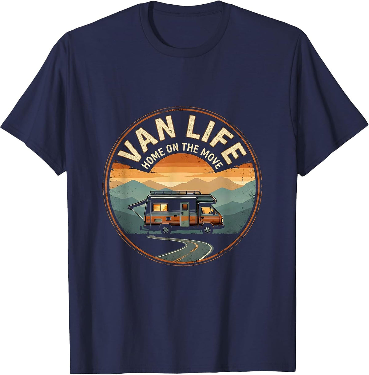 Van Life Home On The Move Vintage Retro Camper Nomad Pride T-Shirt - Navy Blue