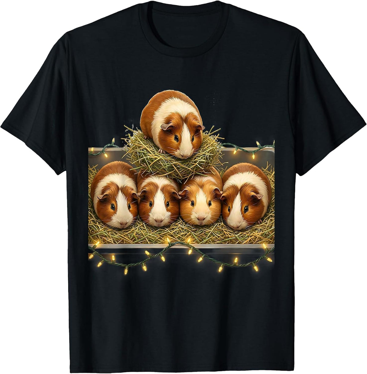 Men's Guinea Pig Christmas Lights Pet Lover Holiday Humor T-Shirt - Black