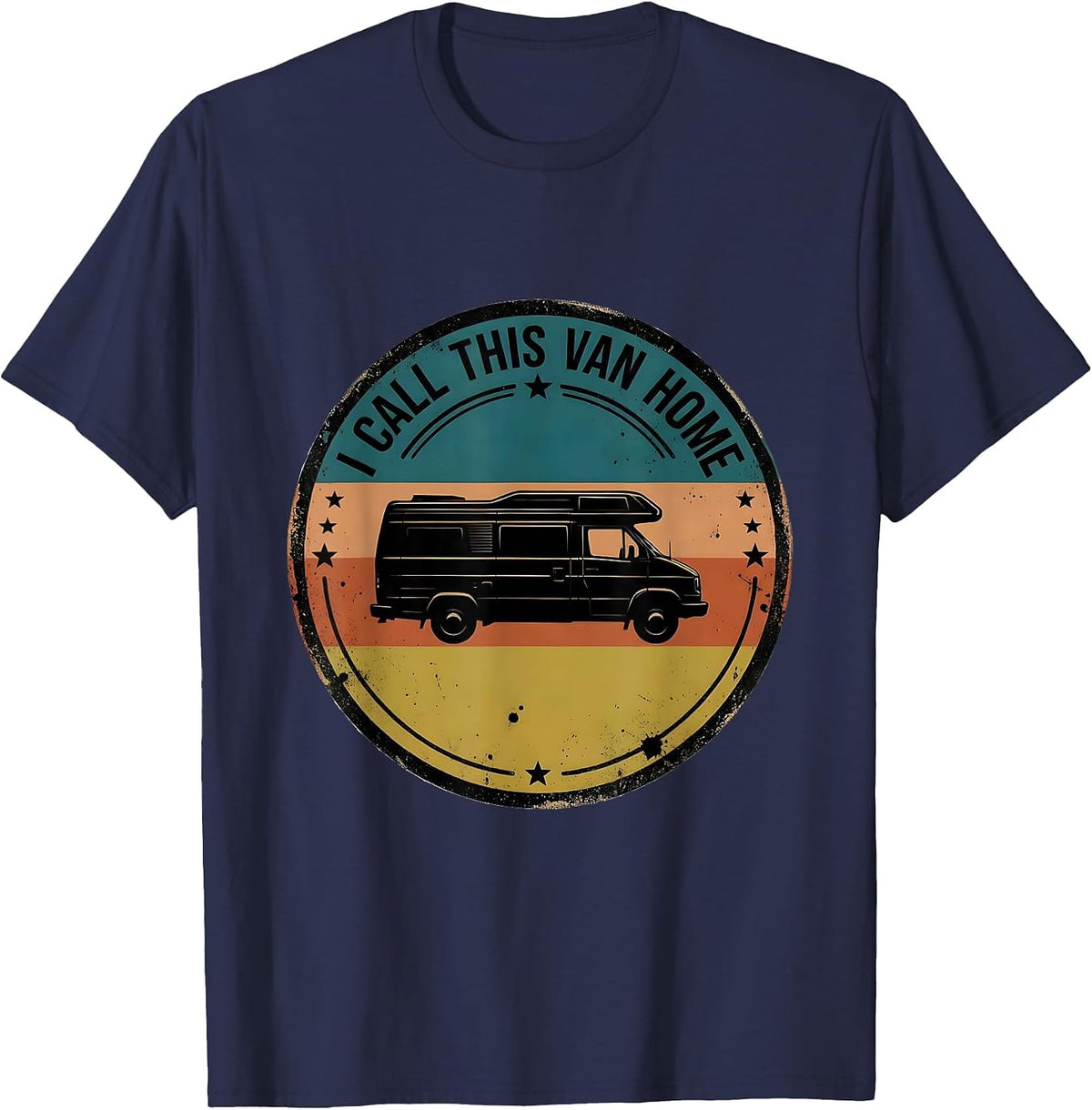 I Call This Van Home Distressed Van Life Nomad Retro Badge T-Shirt - Navy Blue