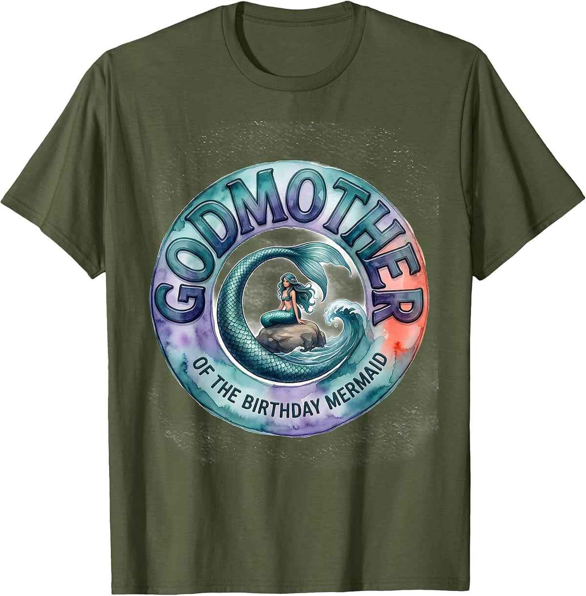 Godmother Of The Birthday Mermaid Vintage Nautical Family T-Shirt - Olive Green