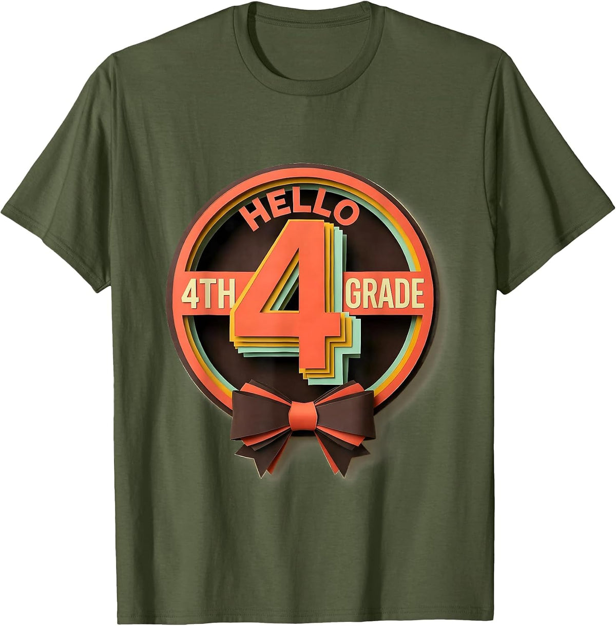Hello 4th Grade Paper Cutout Kids Girl Teacher Back T-Shirt - Olive Green