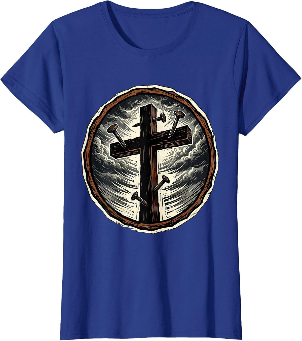 Women's Three Nails Cross Stormy Sky Graphic Design T-Shirt - Royal Blue