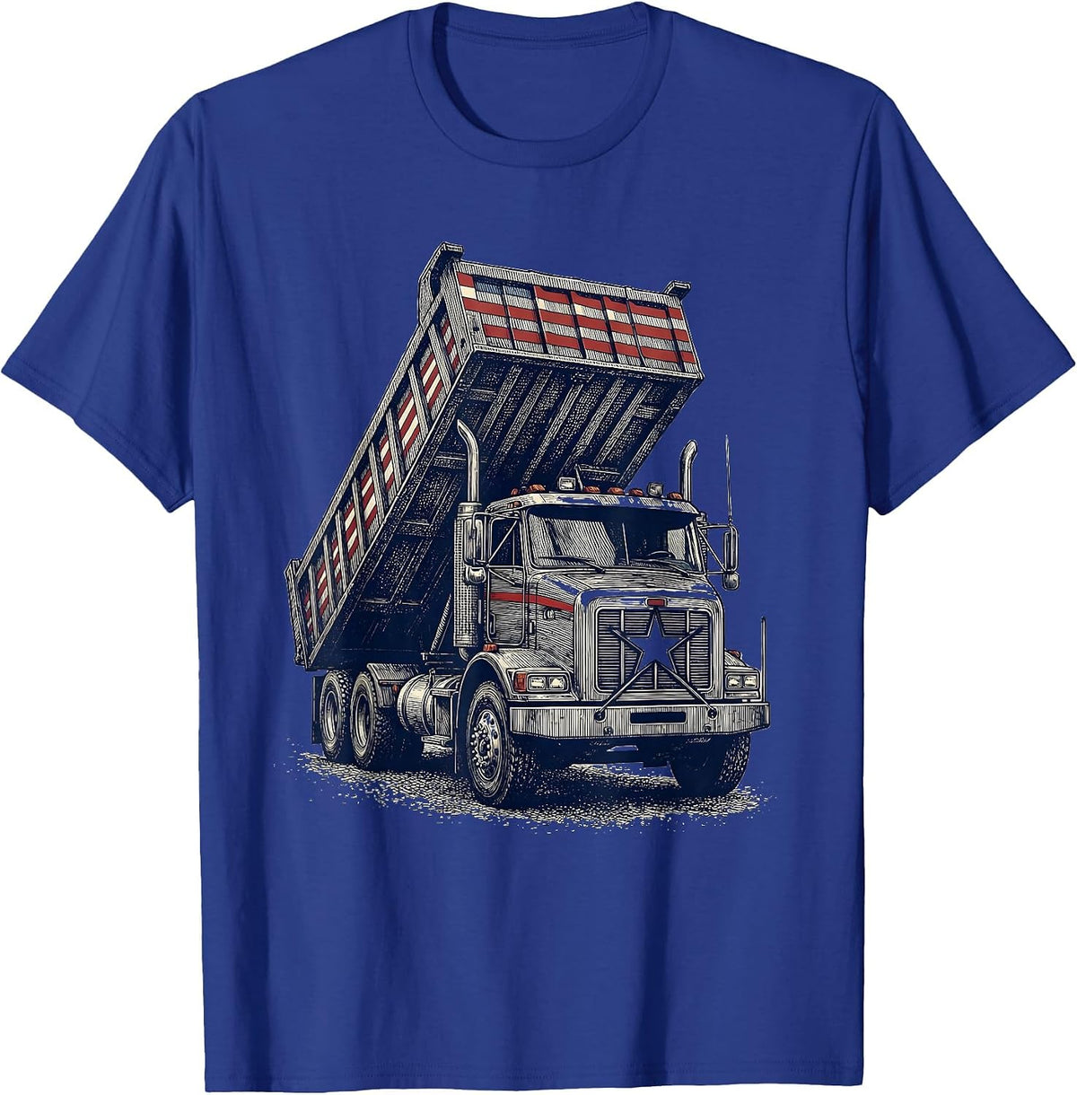 Men's Heavy Dump Truck Crosshatch Etching Patriotic Driver T-Shirt - Royal Blue