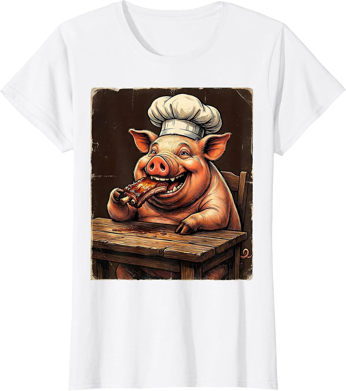 Women's Funny Pig Chef Eating Ribs BBQ Humor Graphic T-Shirt - White