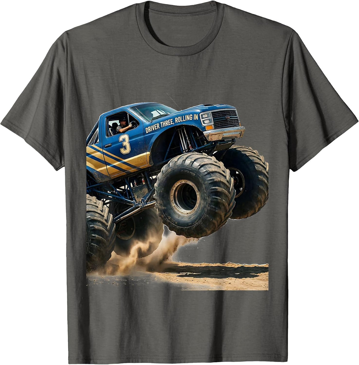 Driver Three Rolling In Monster Truck 3rd Birthday Boy T-Shirt - Asphalt Grey