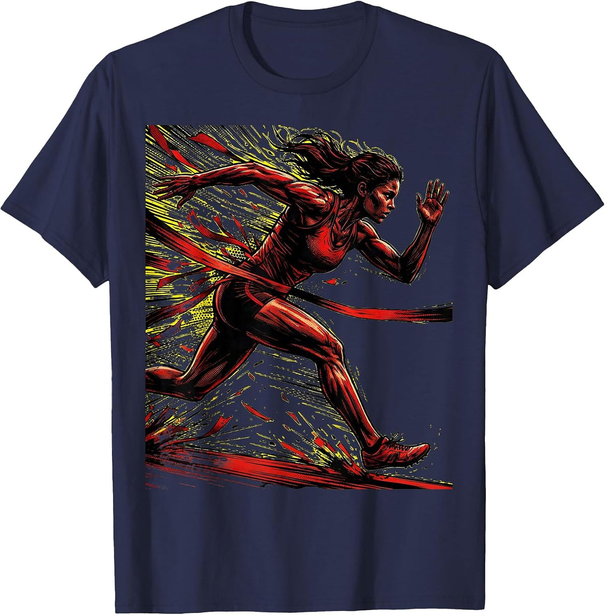 Breaking the Tape Sprint Finish Athlete Graphic T-Shirt - Navy Blue