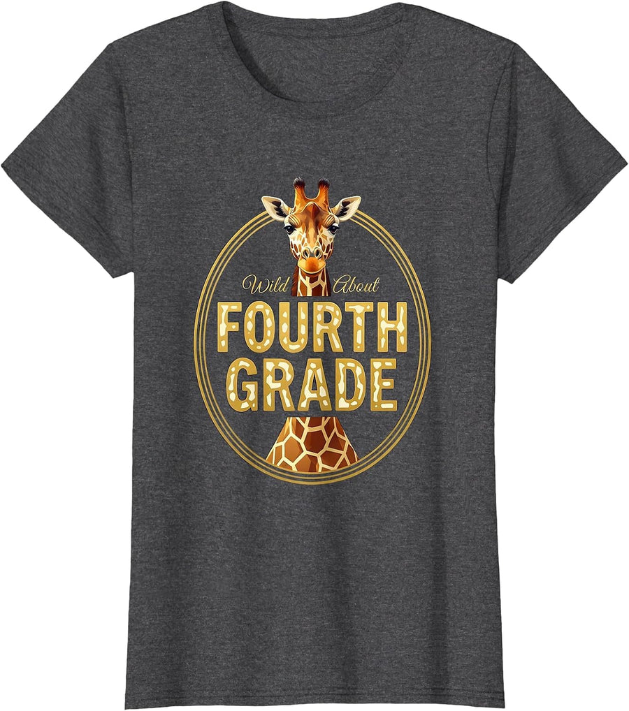Women's Wild About Fourth Grade Playful Teacher Appreciation Animal T-Shirt - Dark Heather Grey