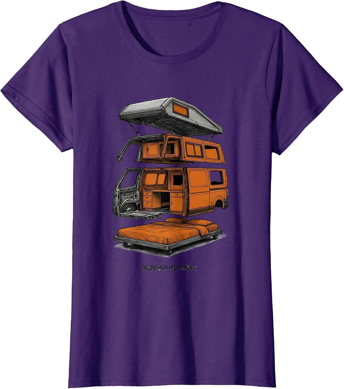 Women's Downsized On Purpose Retro Van Life Nomads Camper Van T-Shirt - Purple