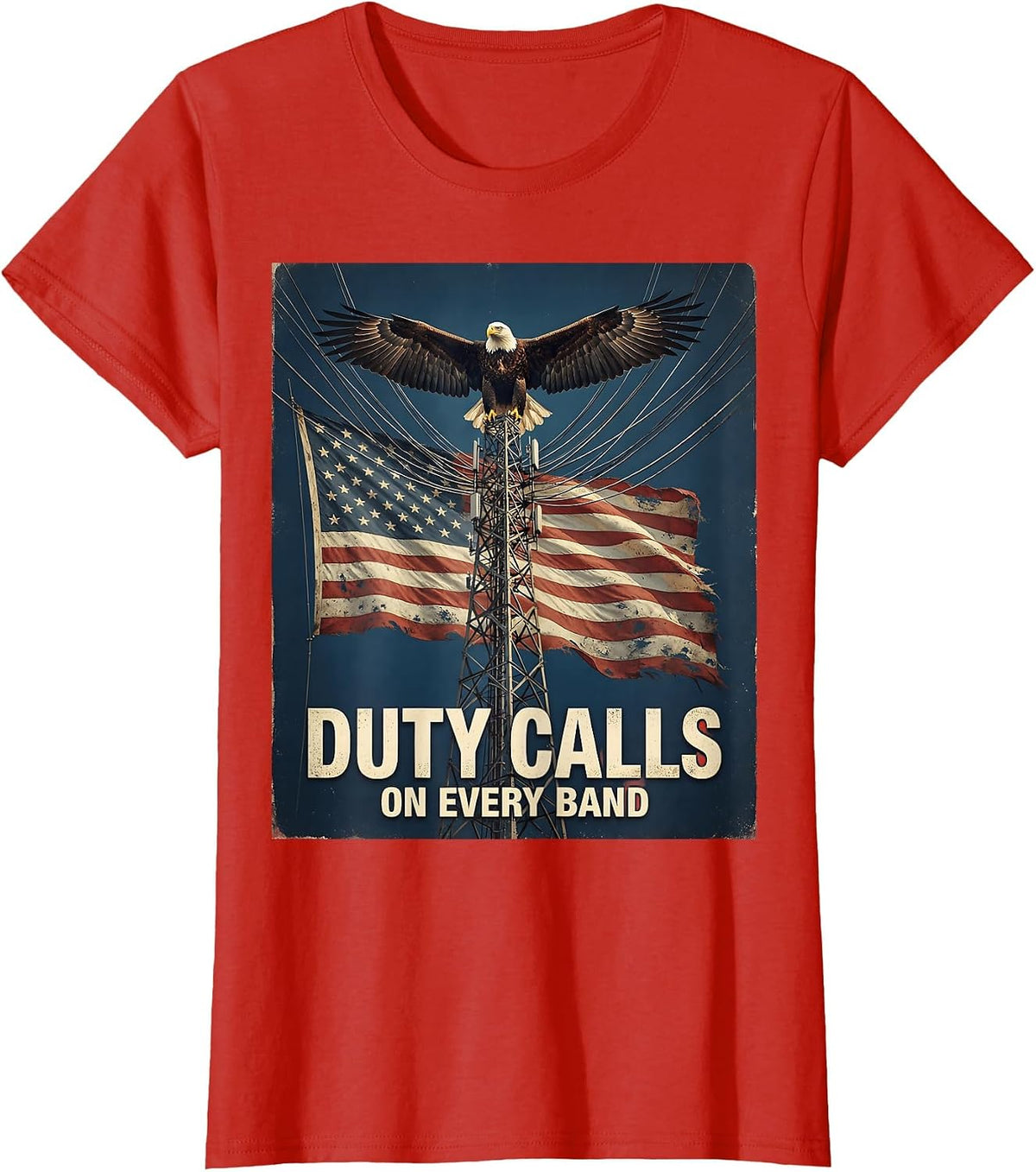 Duty Calls On Every Band Ham Radio Design T-Shirt - Red