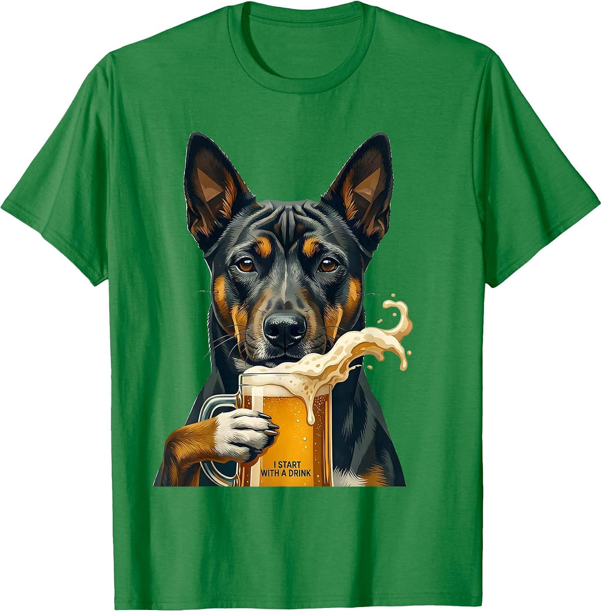 Men's I Start With A Drink Funny Basenji Meme Dog Lover Humor T-Shirt - Kelly Green