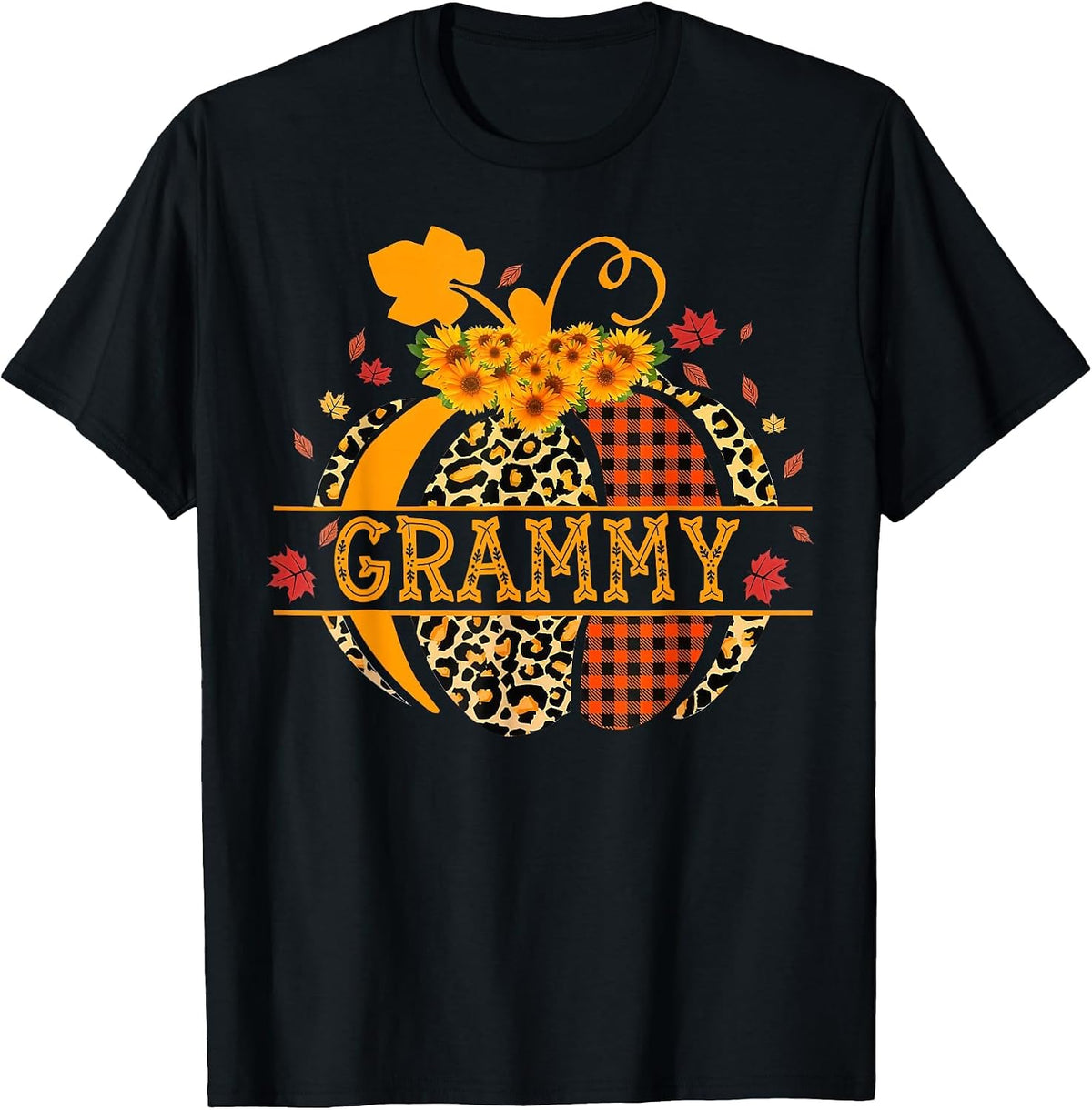 Grammy Leopard Floral Pumpkin Fall Autumn Thanksgiving T-Shirt - Black