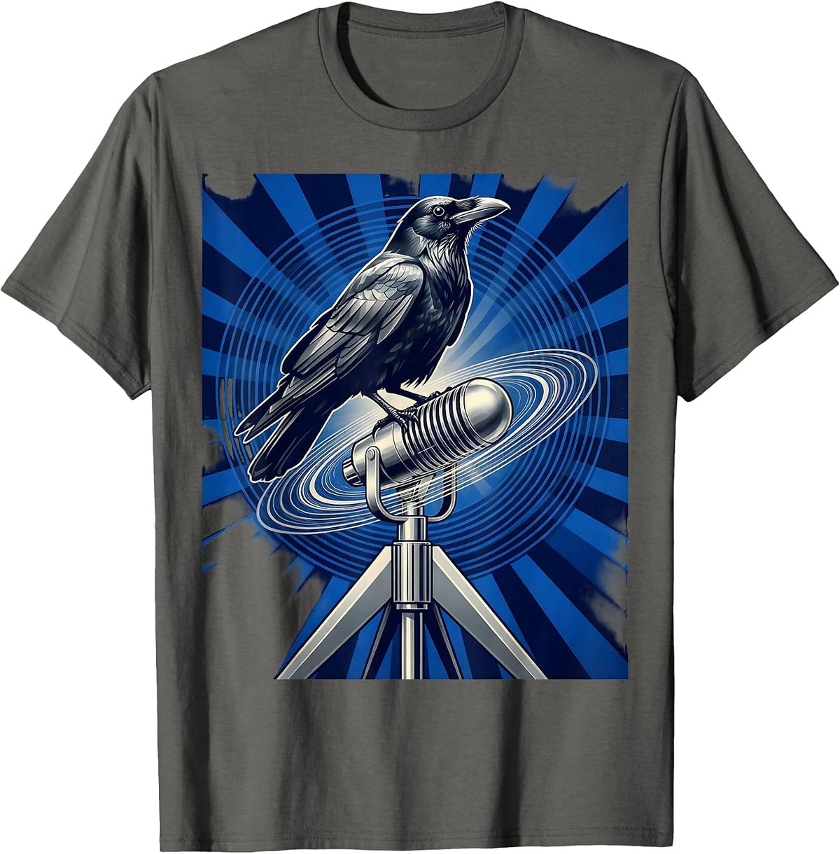 Crow Perched on Microphone Stand Graphic T-Shirt - Asphalt Grey