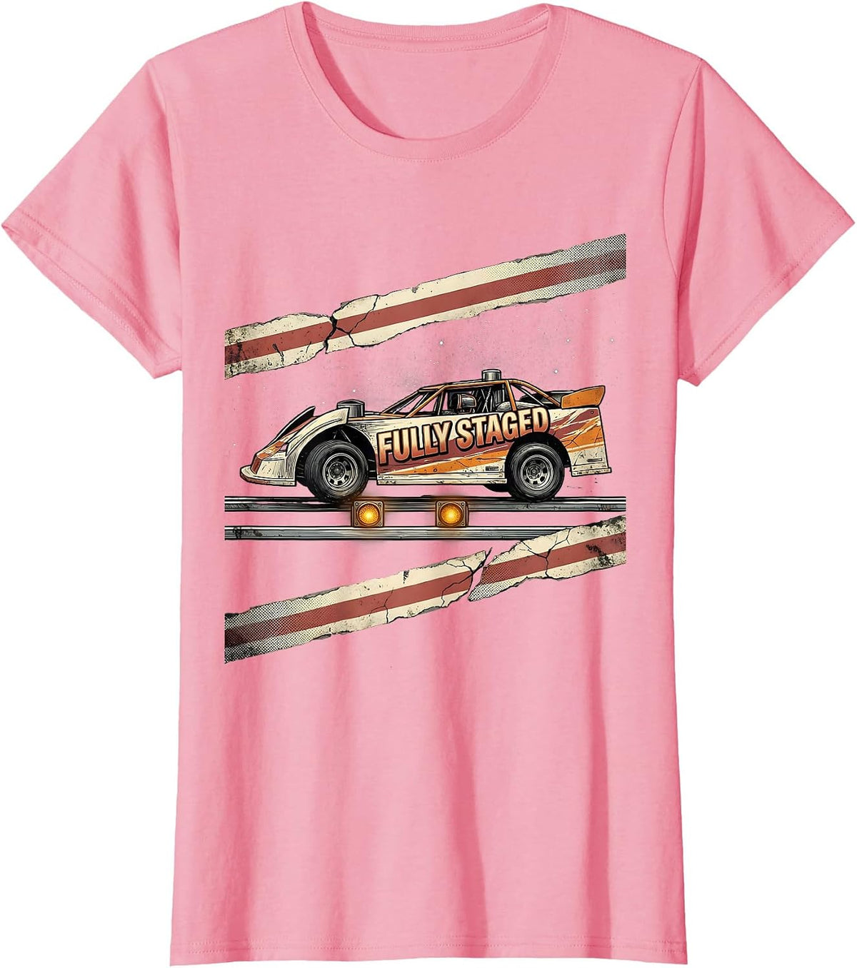 Women's Fully Staged Distressed American Flag Sprint Car Racing Gift T-Shirt - Pink