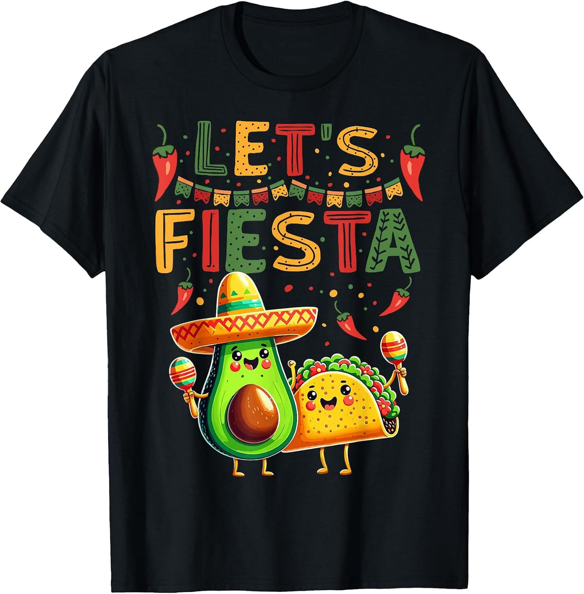 Let's Fiesta Avocado and Tacos Cinco De Mayo T-Shirt - Black