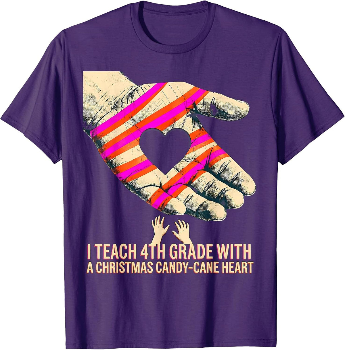 Men's I Teach 4th Grade With A Christmas Candy-Cane Heart Teacher T-Shirt - Purple
