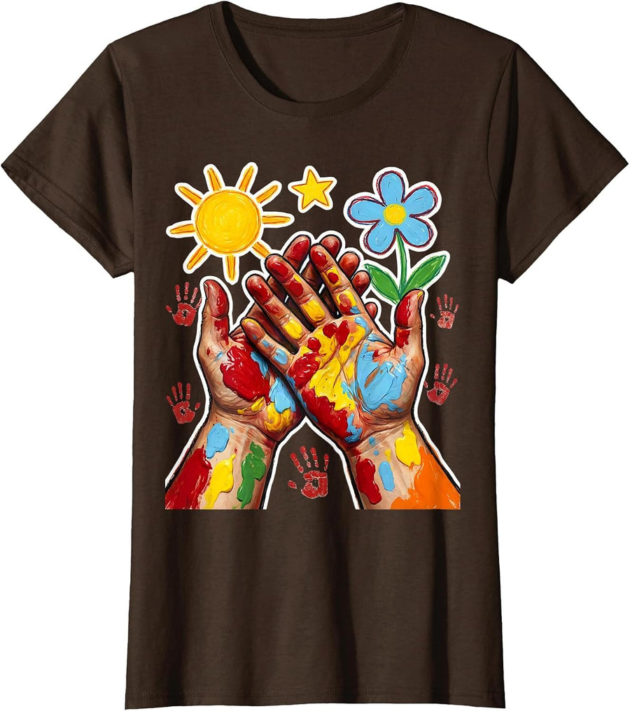Women's Daycare Teacher Paint-Covered Hands Graphic T-Shirt - Brown