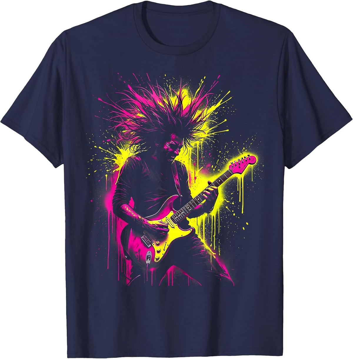 Headbanging Guitarist Wild Hair Rock Band Tee T-Shirt - Navy Blue