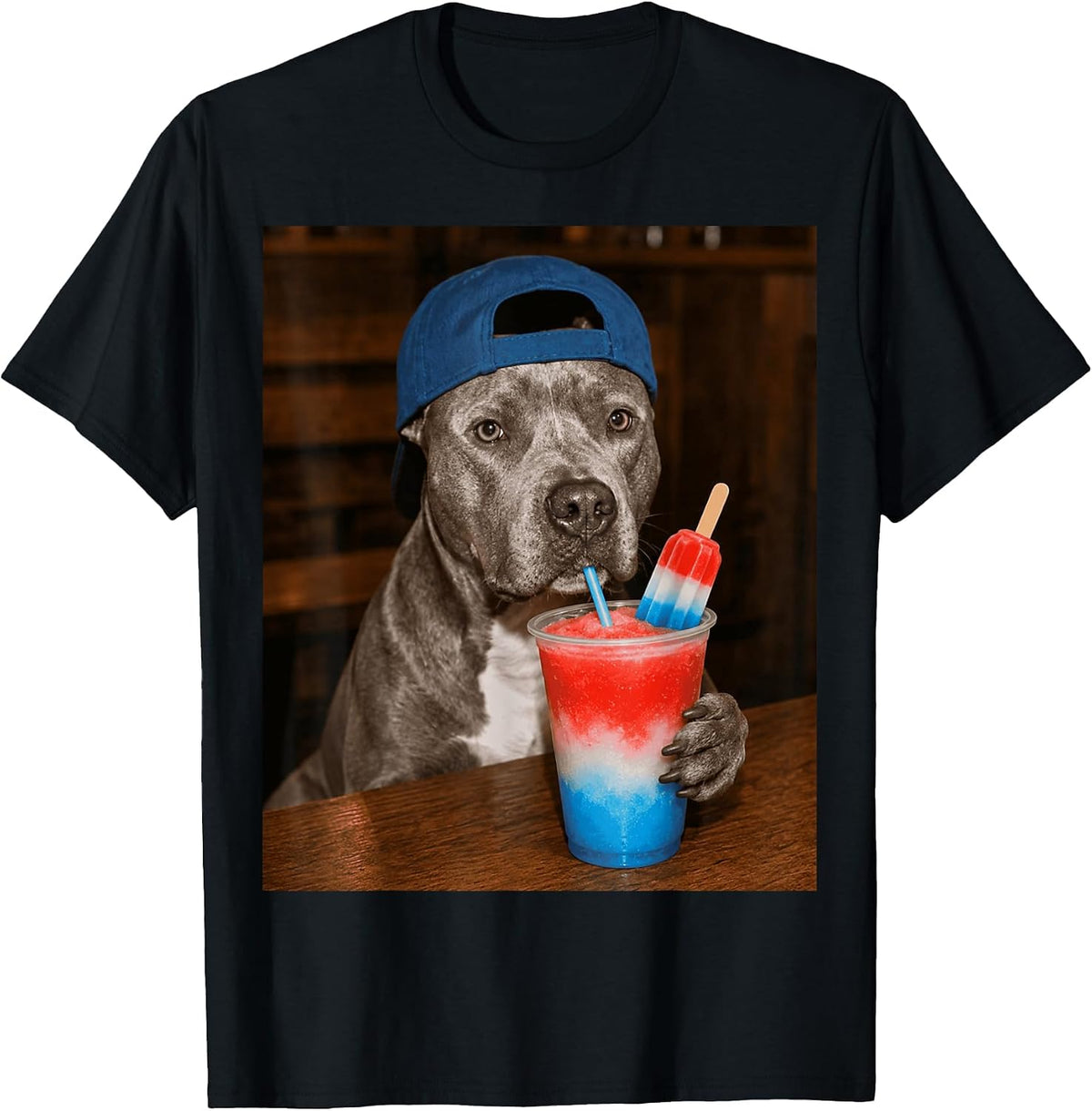 Pitbull Drinking Patriotic Slusie Funny Dog Meme 4th of July T-Shirt - Black
