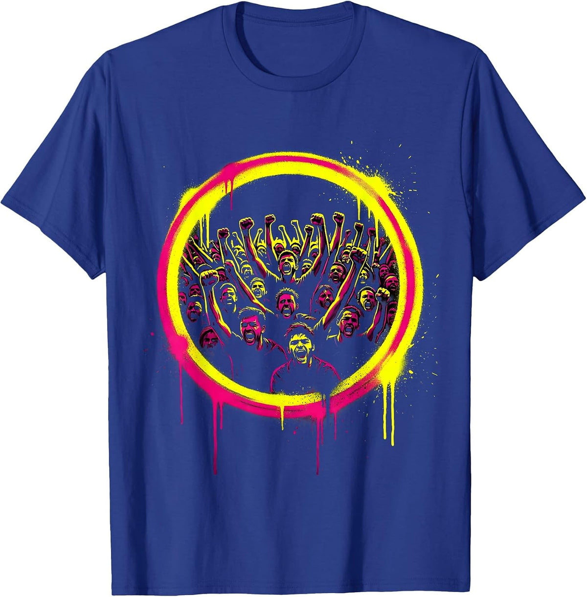 80s Rock Band Screaming Crowd Raised Fists Graphic T-Shirt - Royal Blue