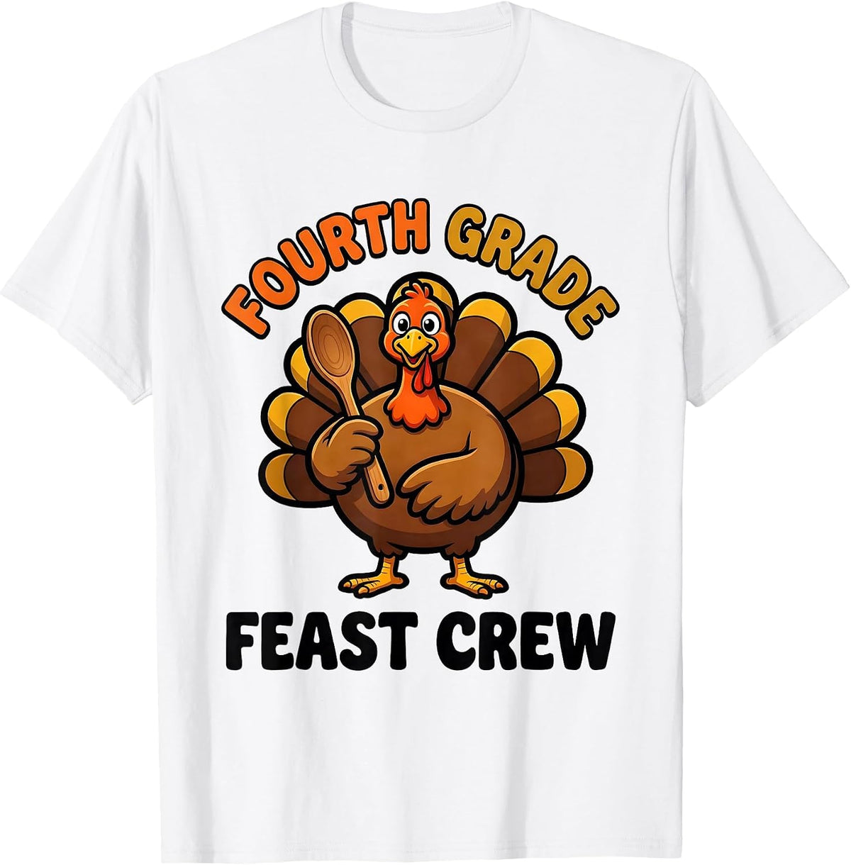 Men's Fourth Grade Feast Crew Cartoon Teacher Thanksgiving Crew T-Shirt - White