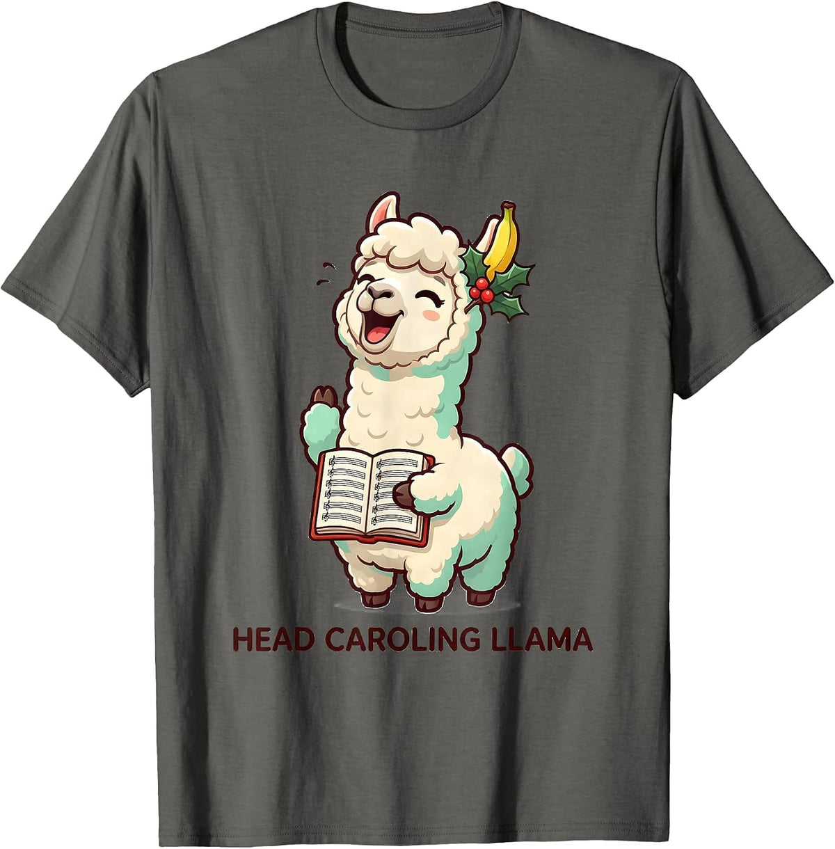 Men's Head Caroling Llama Cute Kawaii Christmas Llama Lover Gift T-Shirt - Asphalt Grey