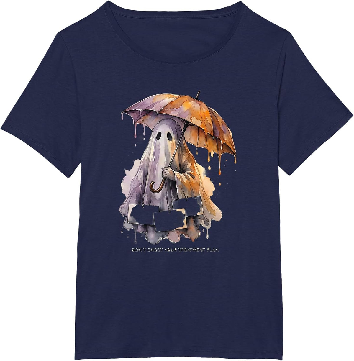 Women's Don't Ghost Your Treatment Plan Watercolor Ghost Halloween T-Shirt - Navy Blue