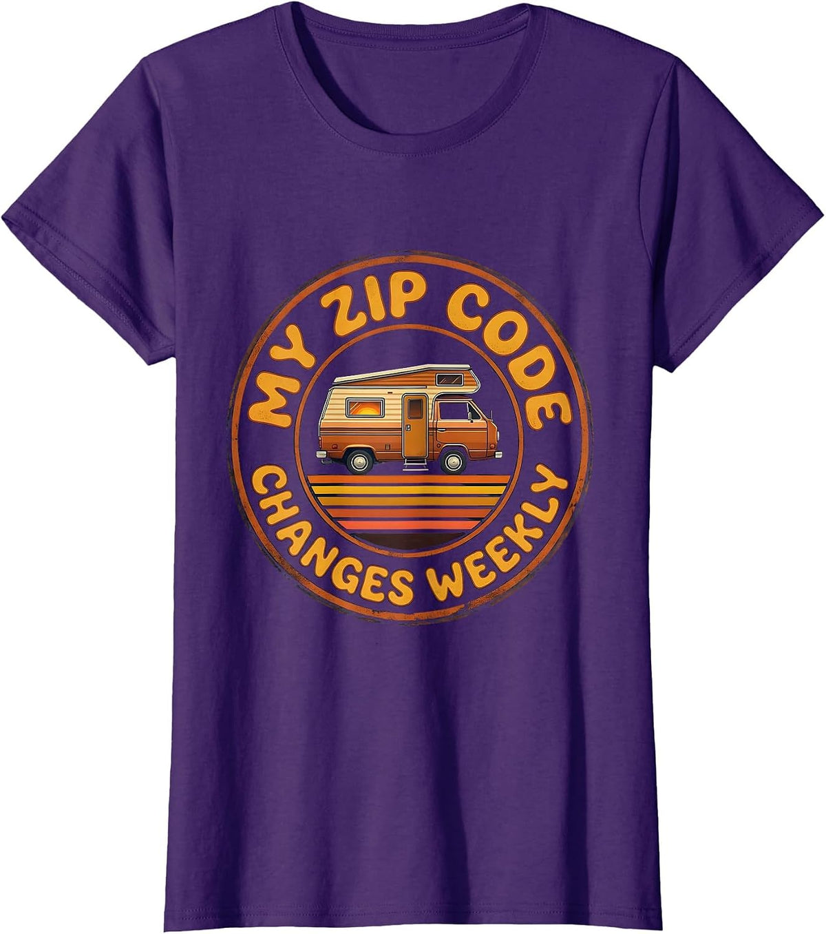 Women's My Zip Code Changes Weekly Retro Van Life Nomads Camper Van T-Shirt - Purple