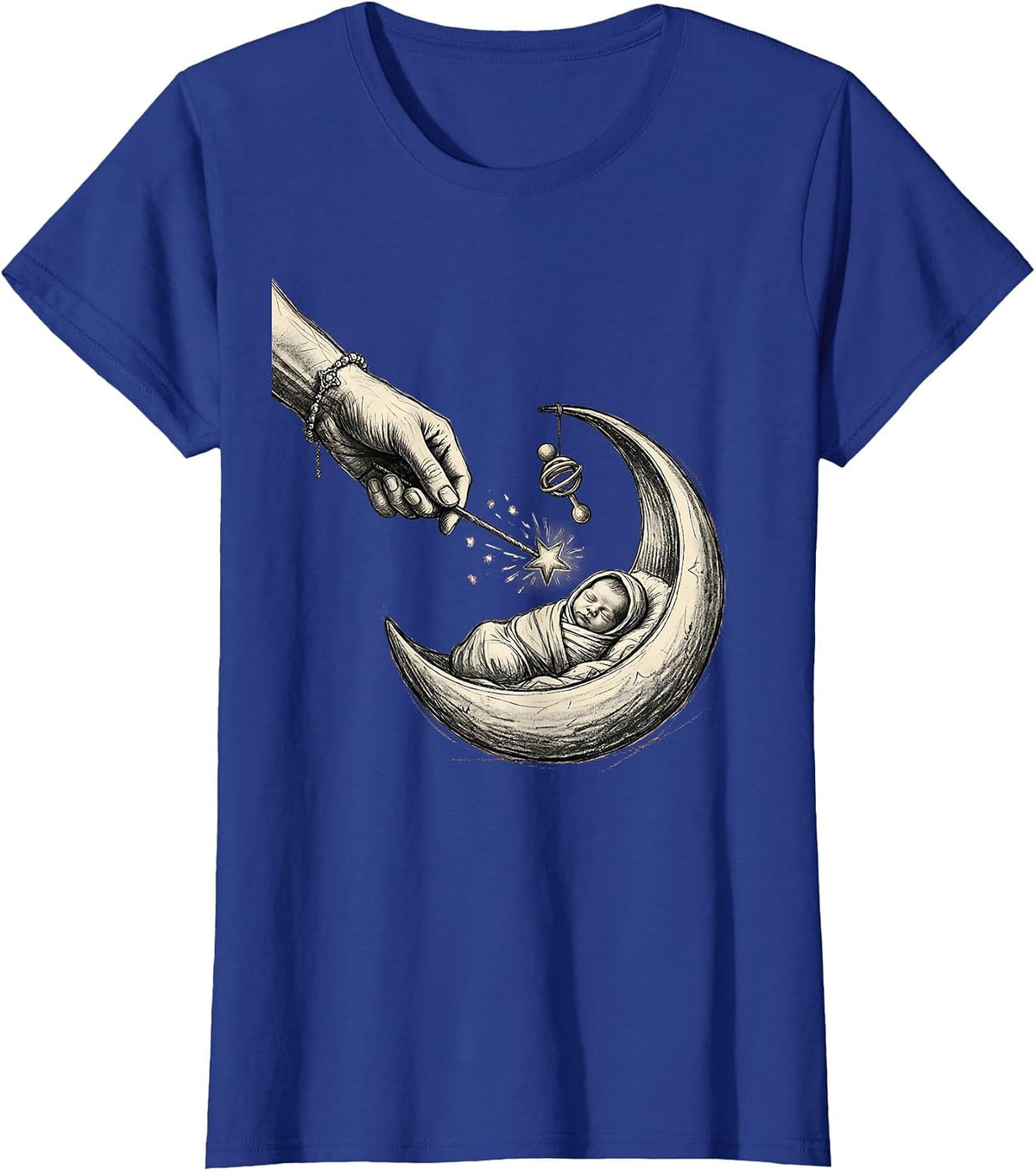 Women's Fairy Godmother New Baby Gift Hand-Sketched Magic Wand Humor T-Shirt - Royal Blue