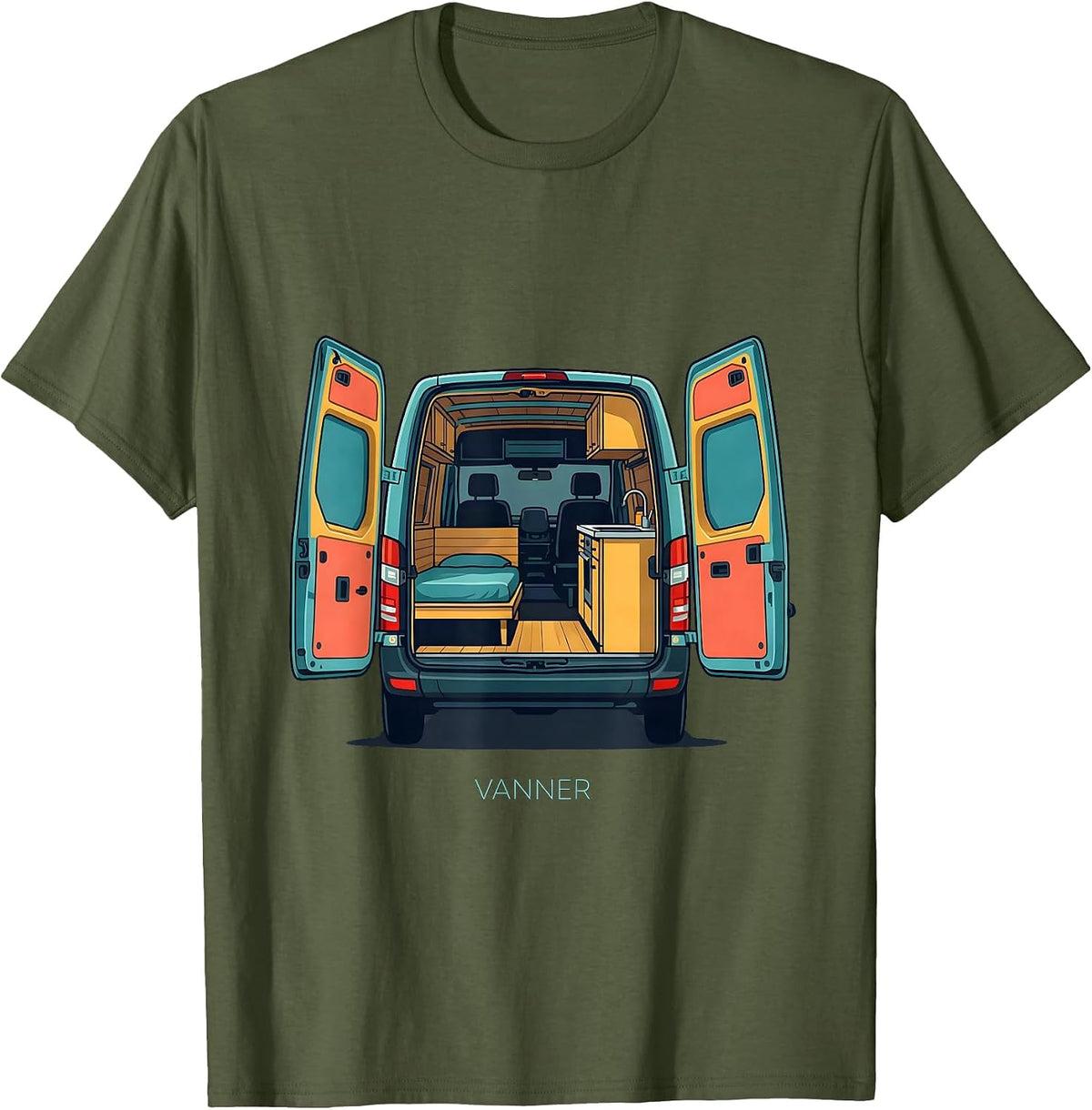 Vanner Retro Van Life Road Trip Travel Culture T-Shirt - Olive Green