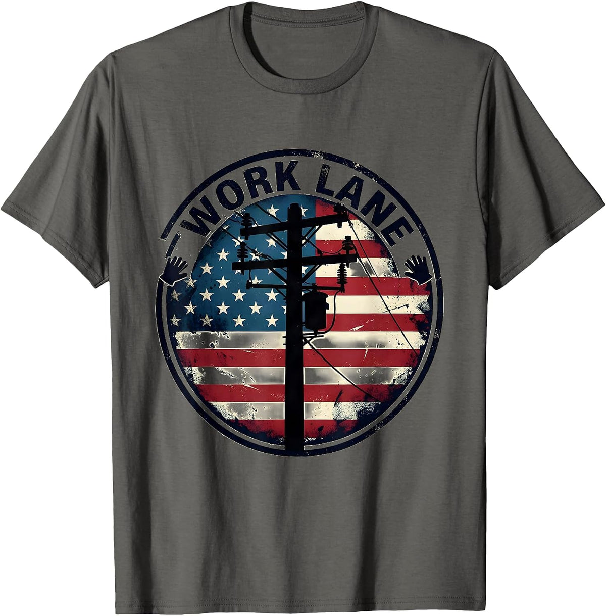 WORK LANE Distressed Lineman Pole American Flag Silhouette T-Shirt - Asphalt Grey
