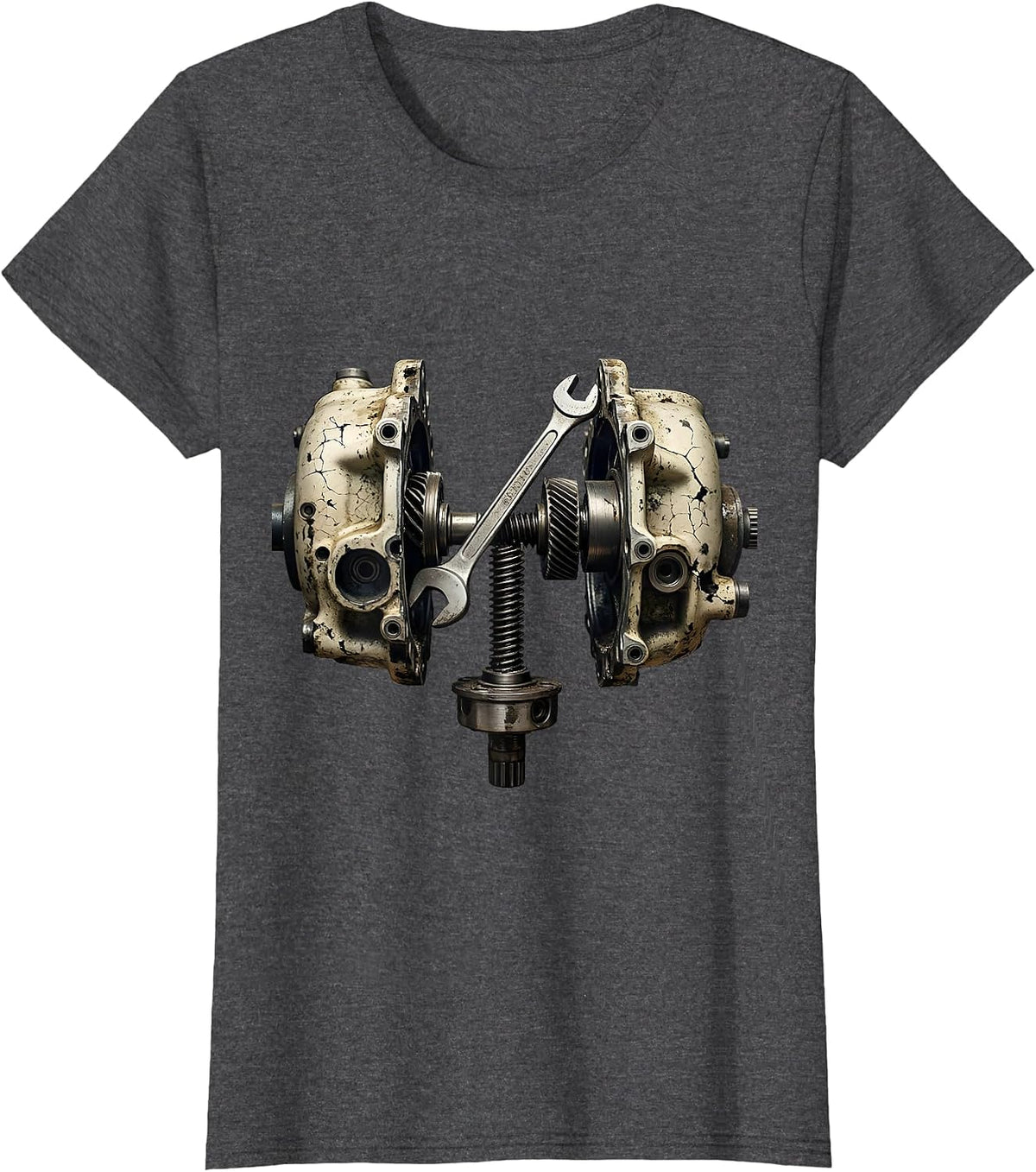 Women's Split Crankcase Distressed Car Guy Mechanic Garage Humor T-Shirt - Dark Heather Grey