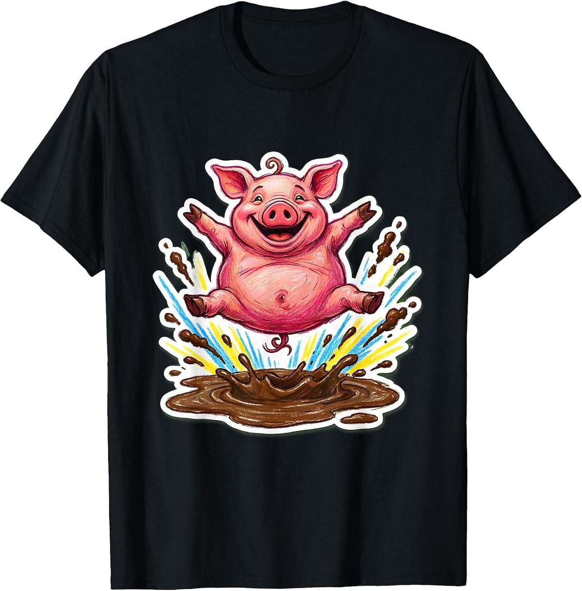 Men's Pig Belly Flop Into Mud Funny Animal Design T-Shirt - Black