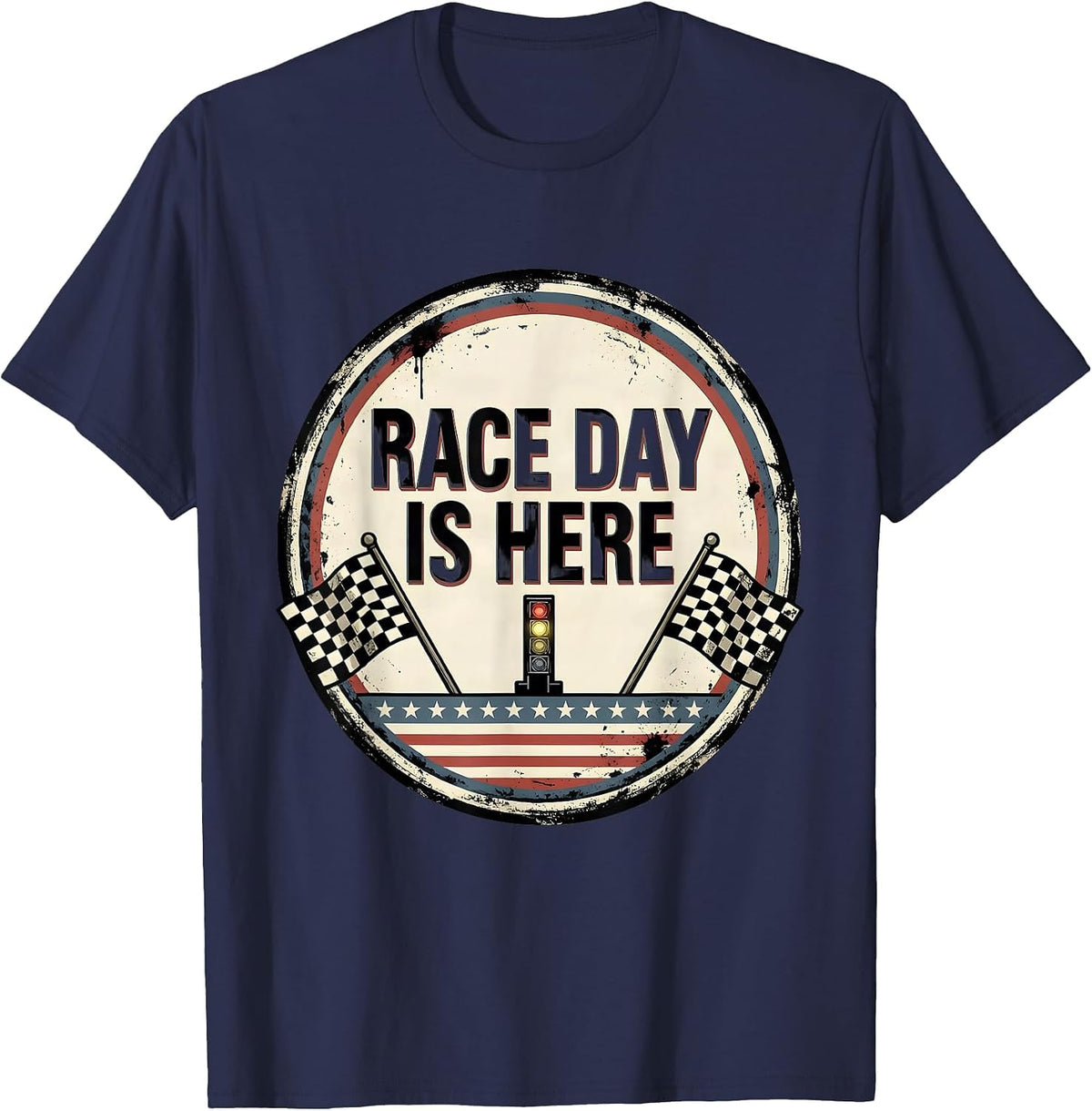 Men's Race Day Is Here Distressed Checkered Flag American Flag T-Shirt - Navy Blue
